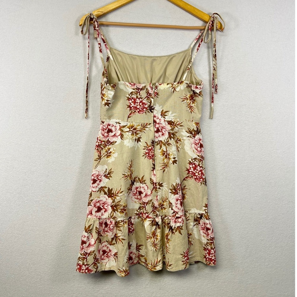 Speechless Floral Print Mini Dress Tan Pink White Ruffle Hem - Picture 2 of 9